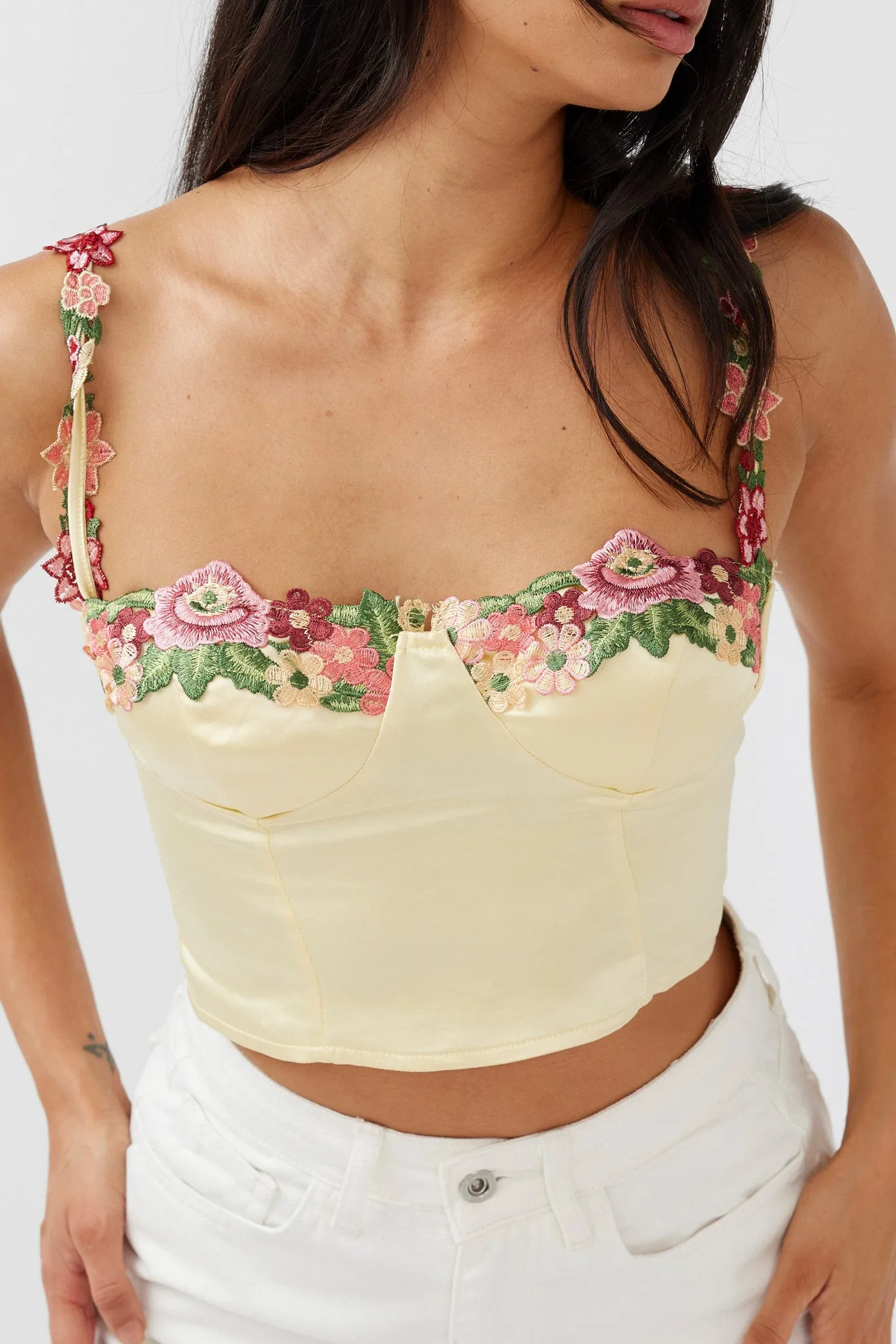 Rose Garden Floral Applique Crop Top Yellow