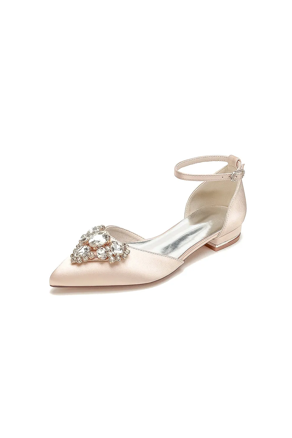 Satin Pointed Toe Ankle Strap Rhinestone Kitten Heels