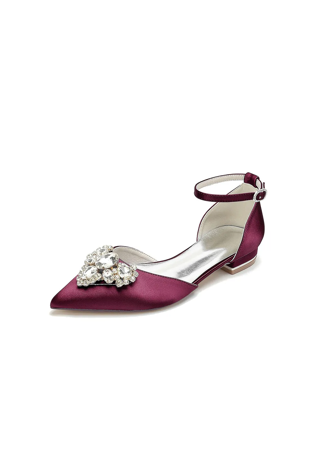 Satin Pointed Toe Ankle Strap Rhinestone Kitten Heels