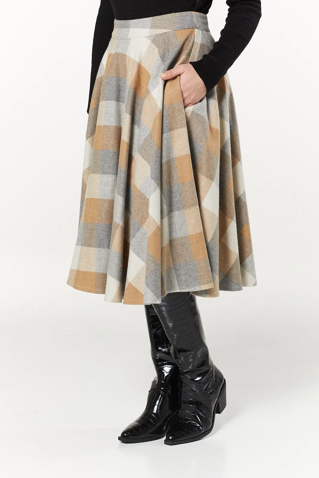 Sophie Beige Woollen Check Tartan Midi Swing Skirt