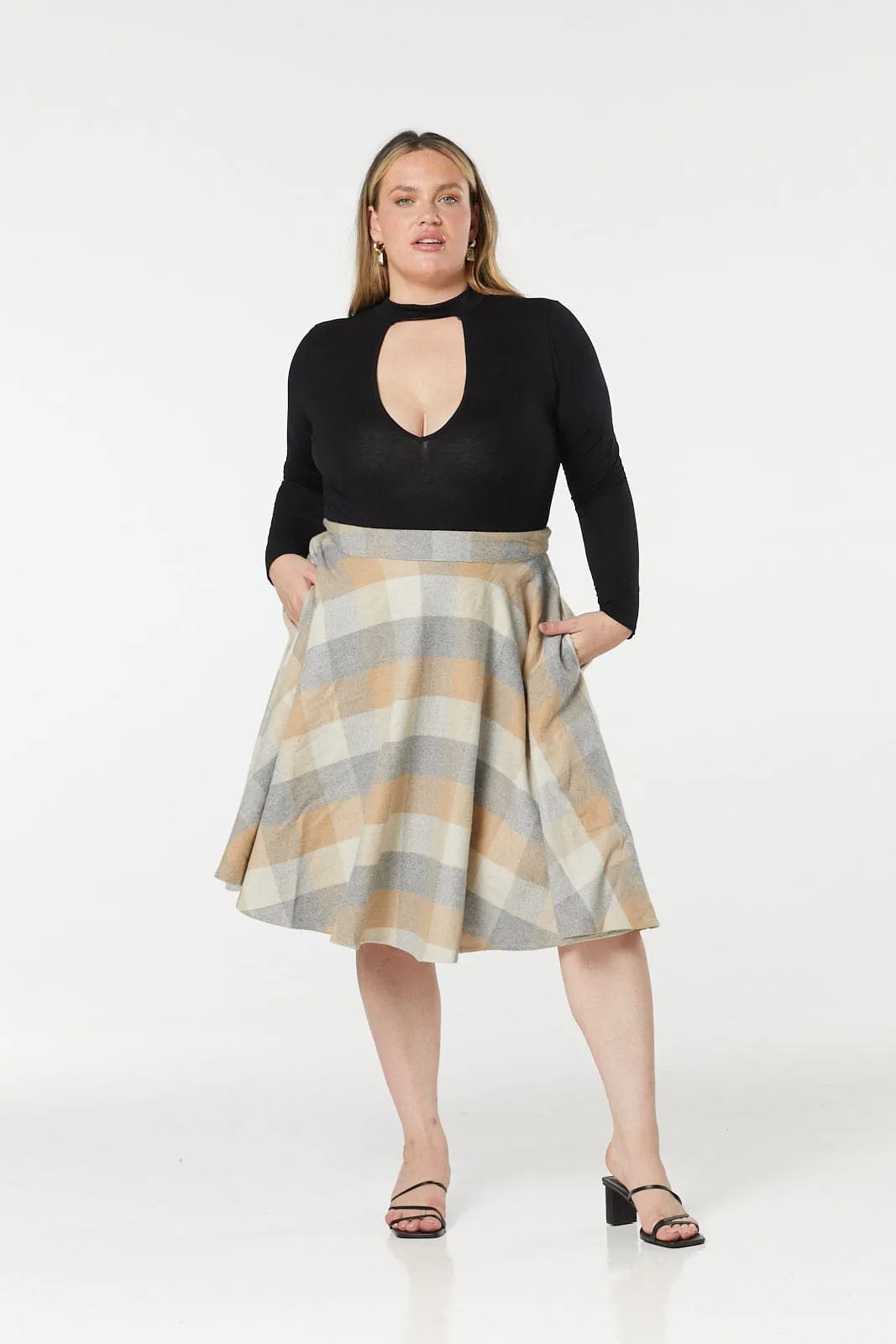 Sophie Beige Woollen Check Tartan Midi Swing Skirt