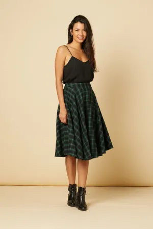 Sophie Forest Green Woollen Check Tartan Midi Swing Skirt