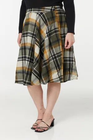 Sophie Khaki Woollen Check Tartan Midi Swing Skirt