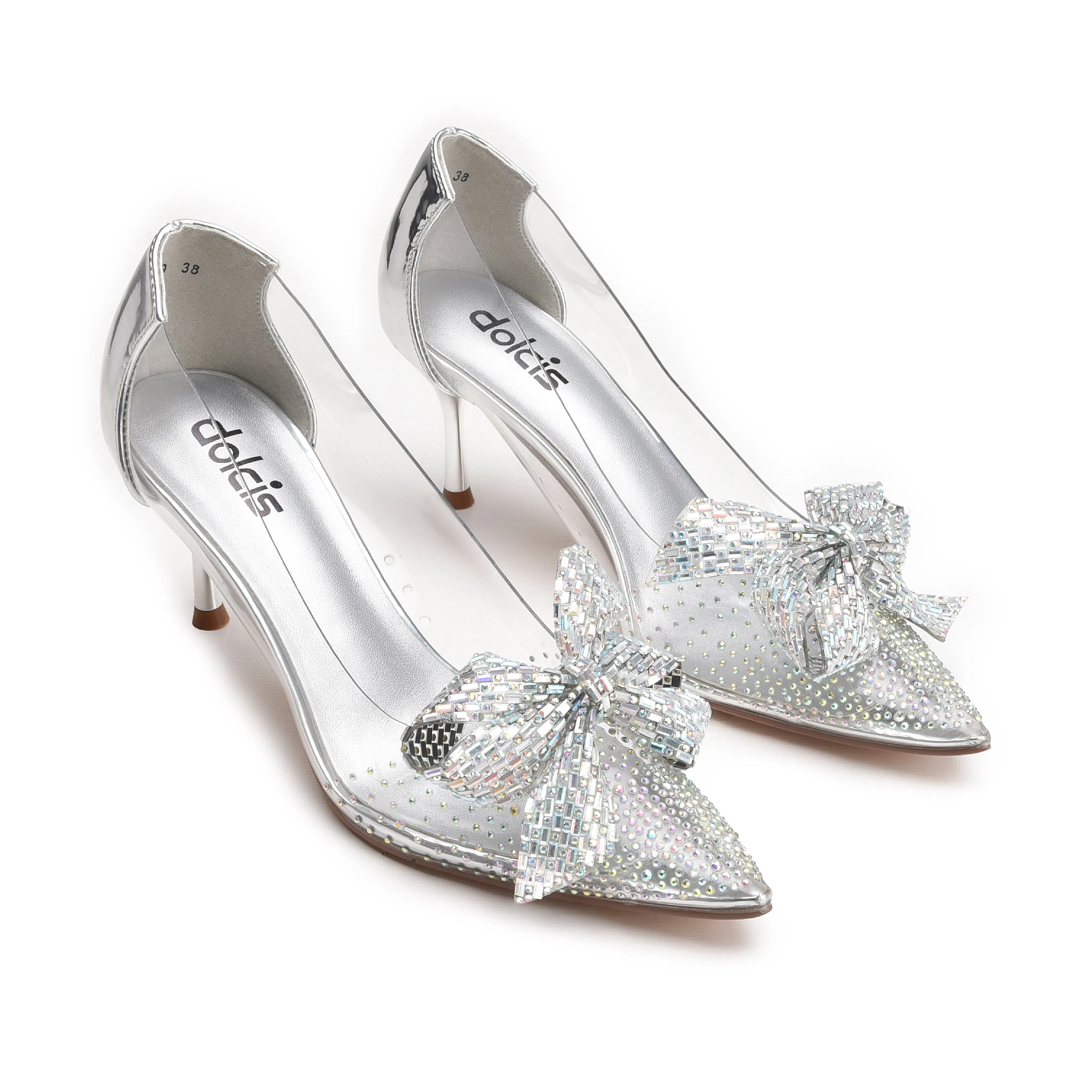 Sparkling Silver Transparent Kitten Heel Pumps | 428N-S