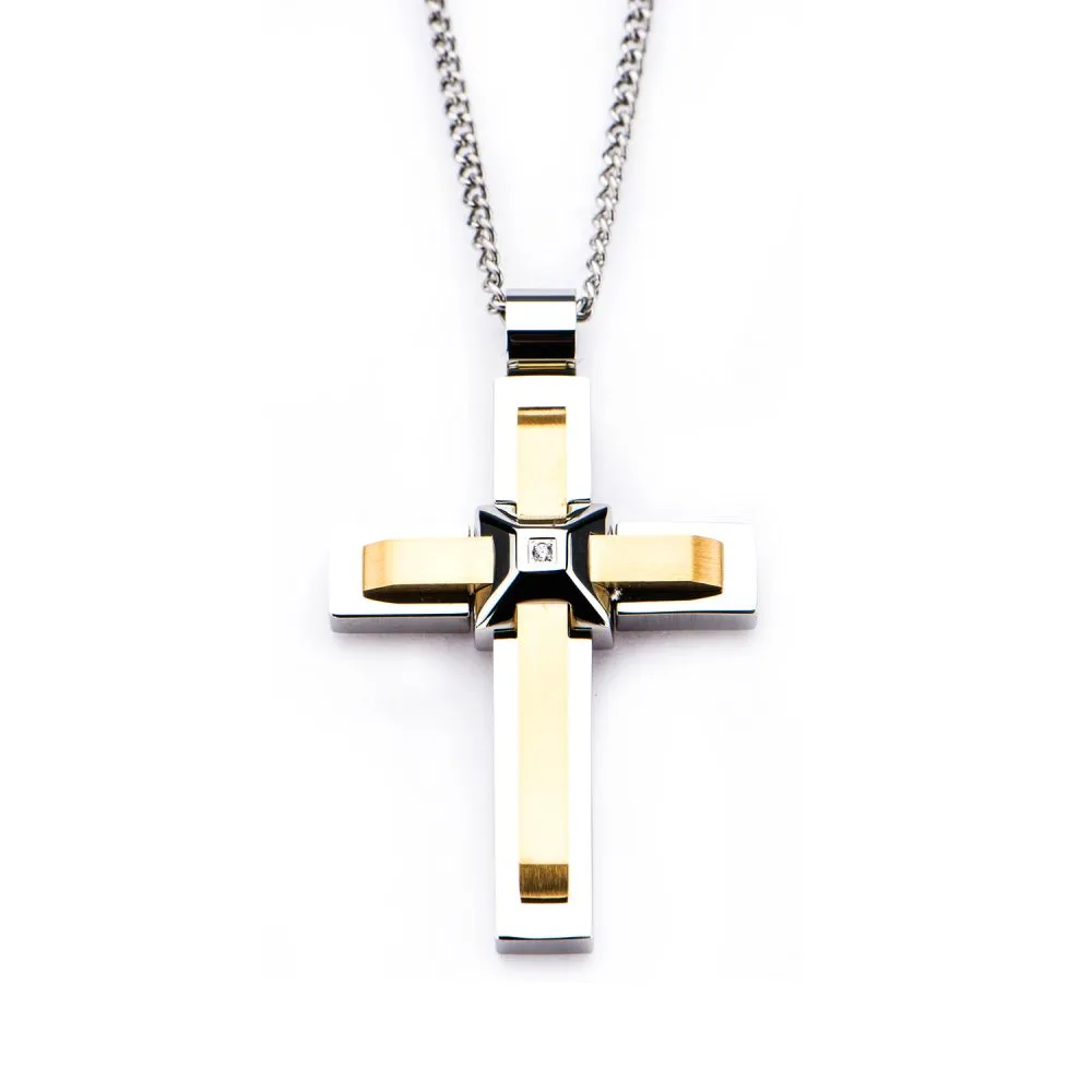 Stainless Steel and Gold IP Two Layer Cross with 3.6m Diamond Cut Pendant