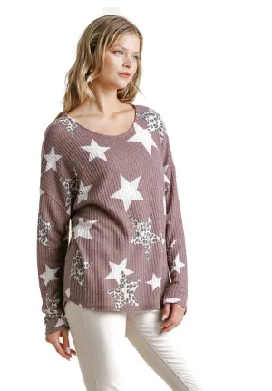 Star & Leopard Waffle Knit Top, Red Bean