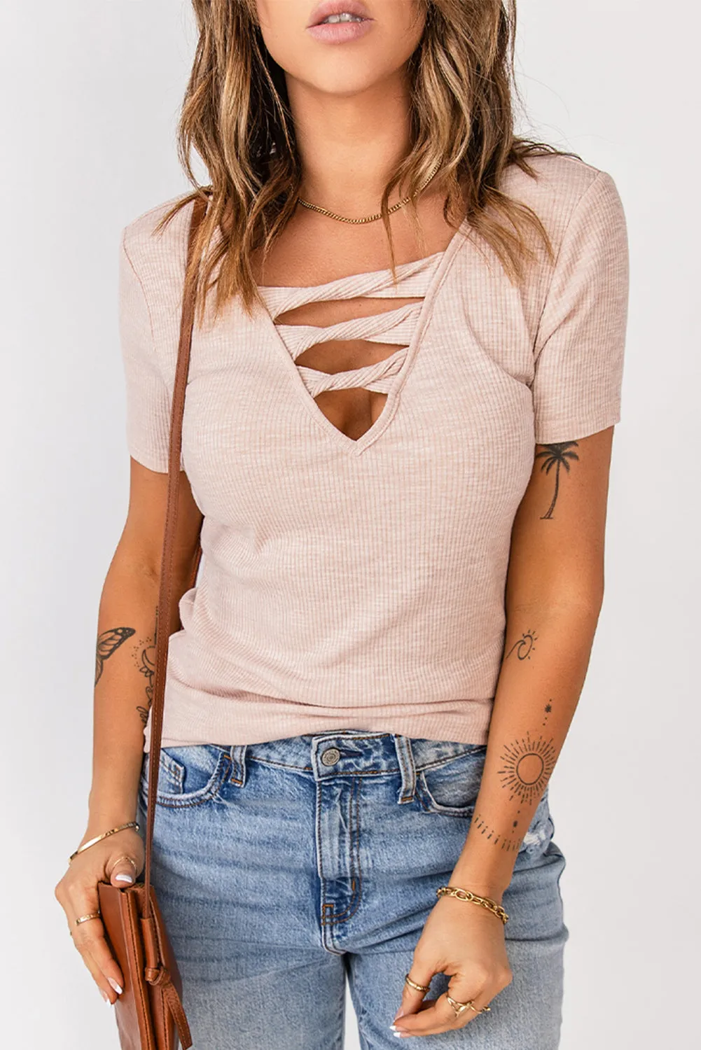 Strappy Ribbed Knit T-Shirt