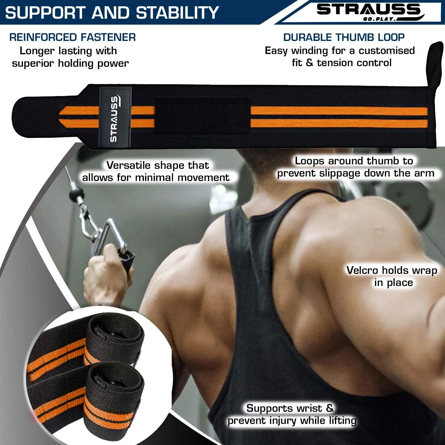 Strauss WL Cotton Wrist Supporter with Thumb Loop Straps & Closures for Gym, Workouts & Strength Training| Adjustable & Breathable Material with Powerful Velcro & Soft Material, (Black/Orange)