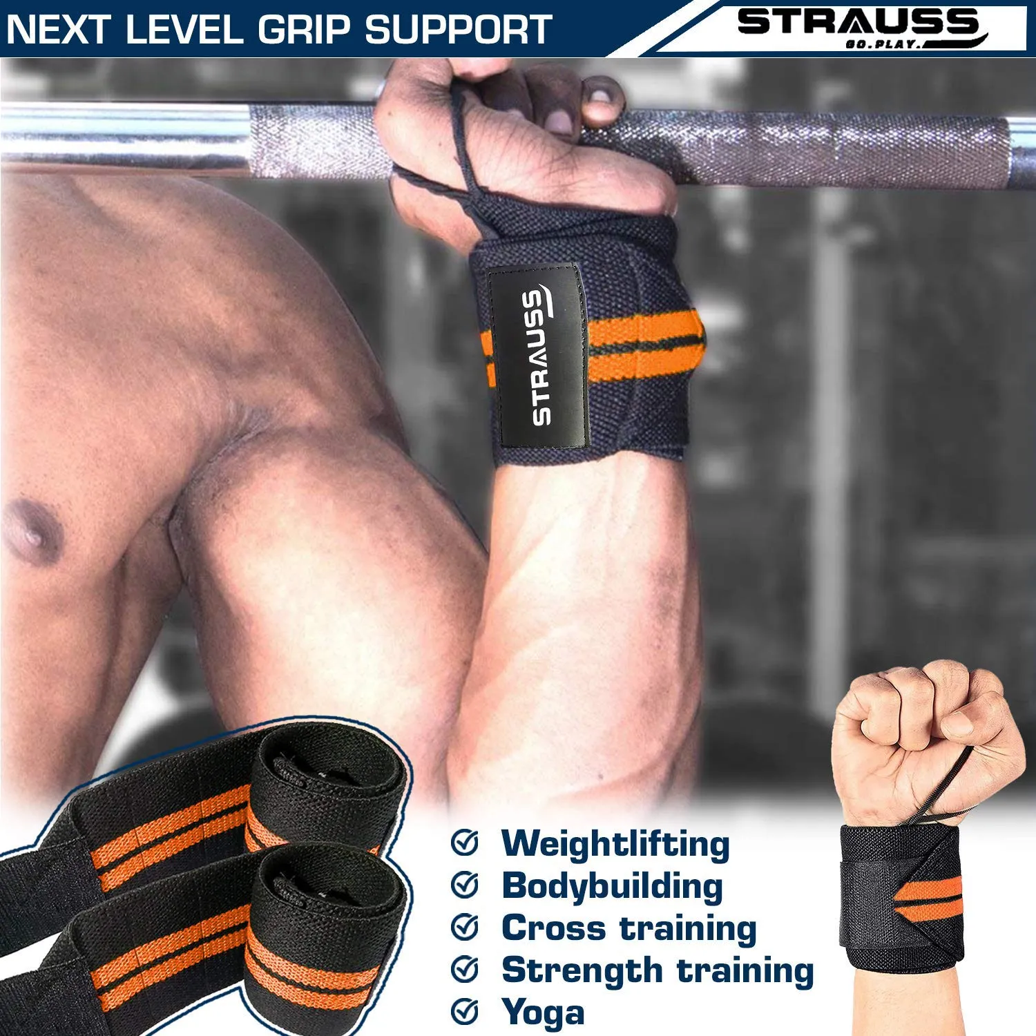 Strauss WL Cotton Wrist Supporter with Thumb Loop Straps & Closures for Gym, Workouts & Strength Training| Adjustable & Breathable Material with Powerful Velcro & Soft Material, (Black/Orange)