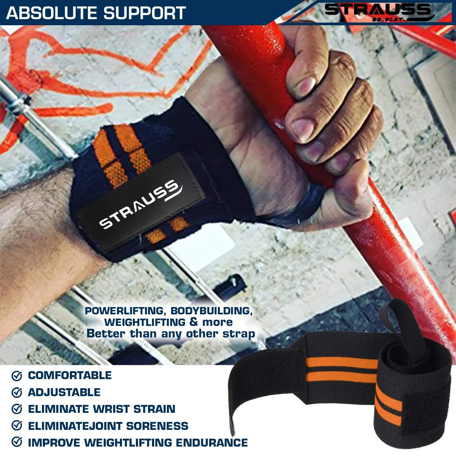 Strauss WL Cotton Wrist Supporter with Thumb Loop Straps & Closures for Gym, Workouts & Strength Training| Adjustable & Breathable Material with Powerful Velcro & Soft Material, (Black/Orange)