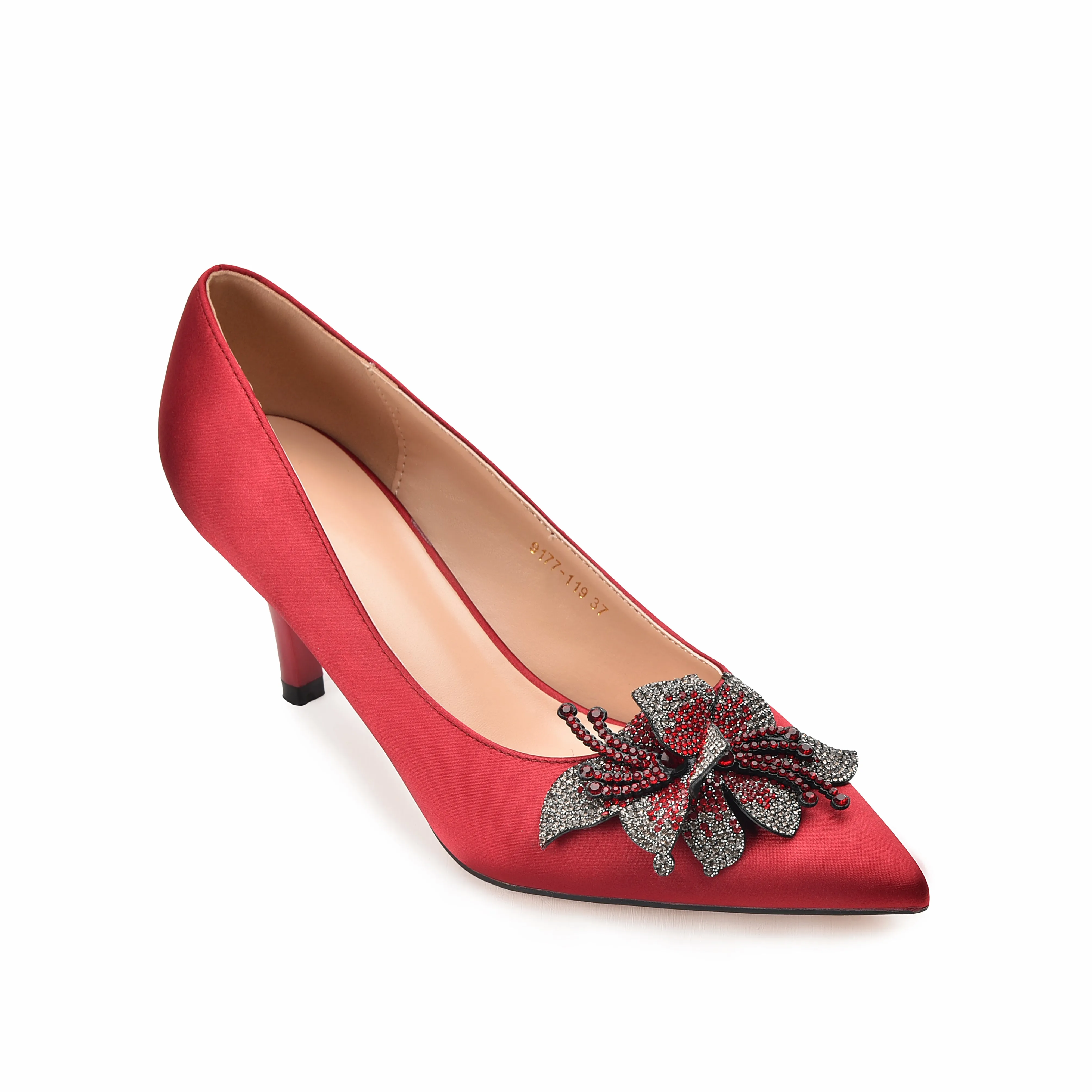 Stunning Red Kitten Heels with Crystal Bow | 476L-M