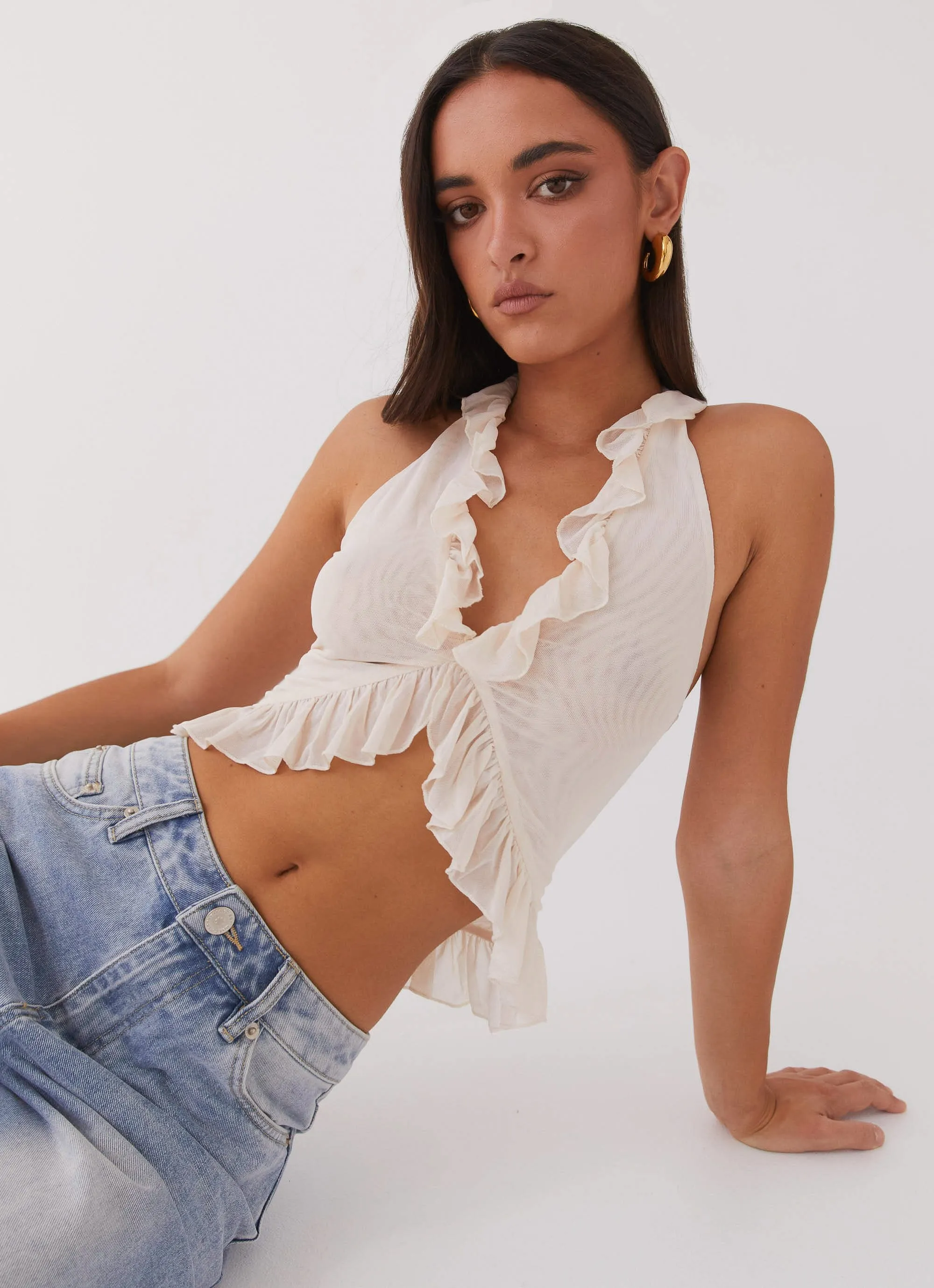 Tanya Mesh Frill Top - Ivory