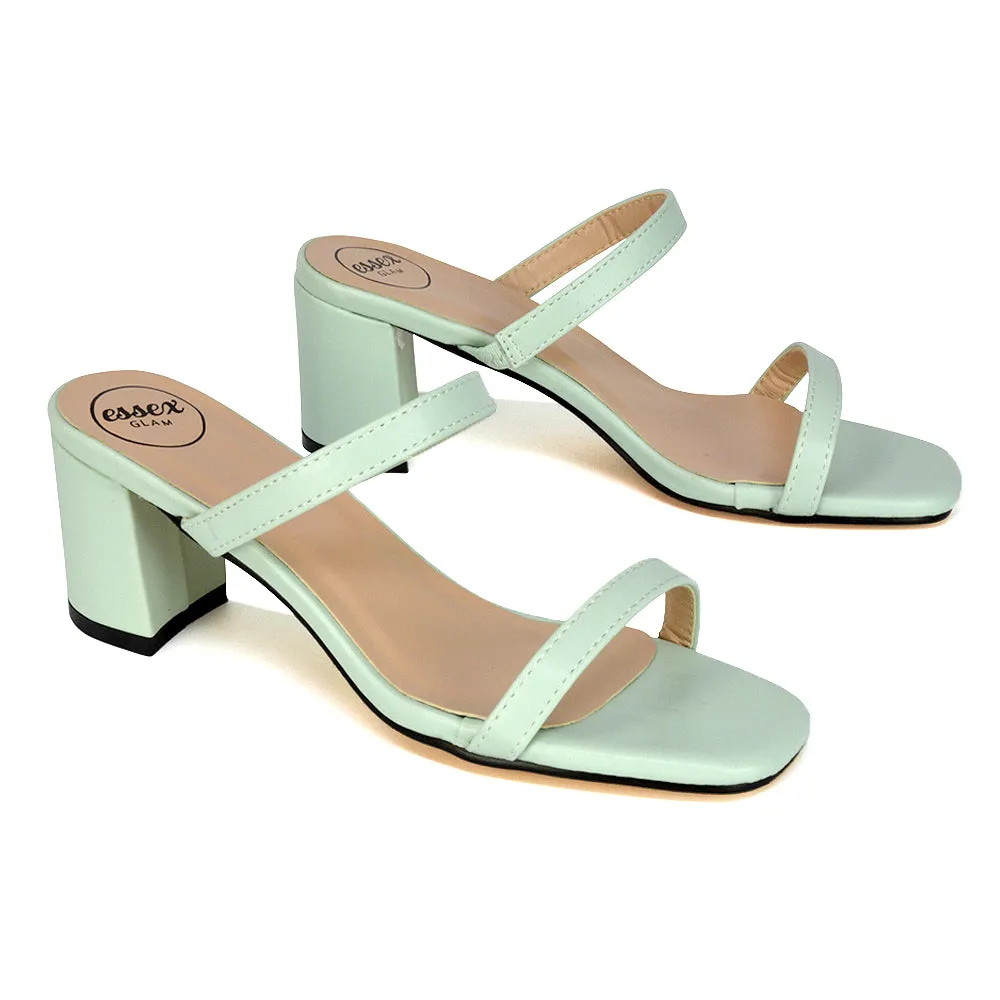 Tiff Double Strap Square Toe Slip On Low Mid Block High Heel Mule Sandals in Nude