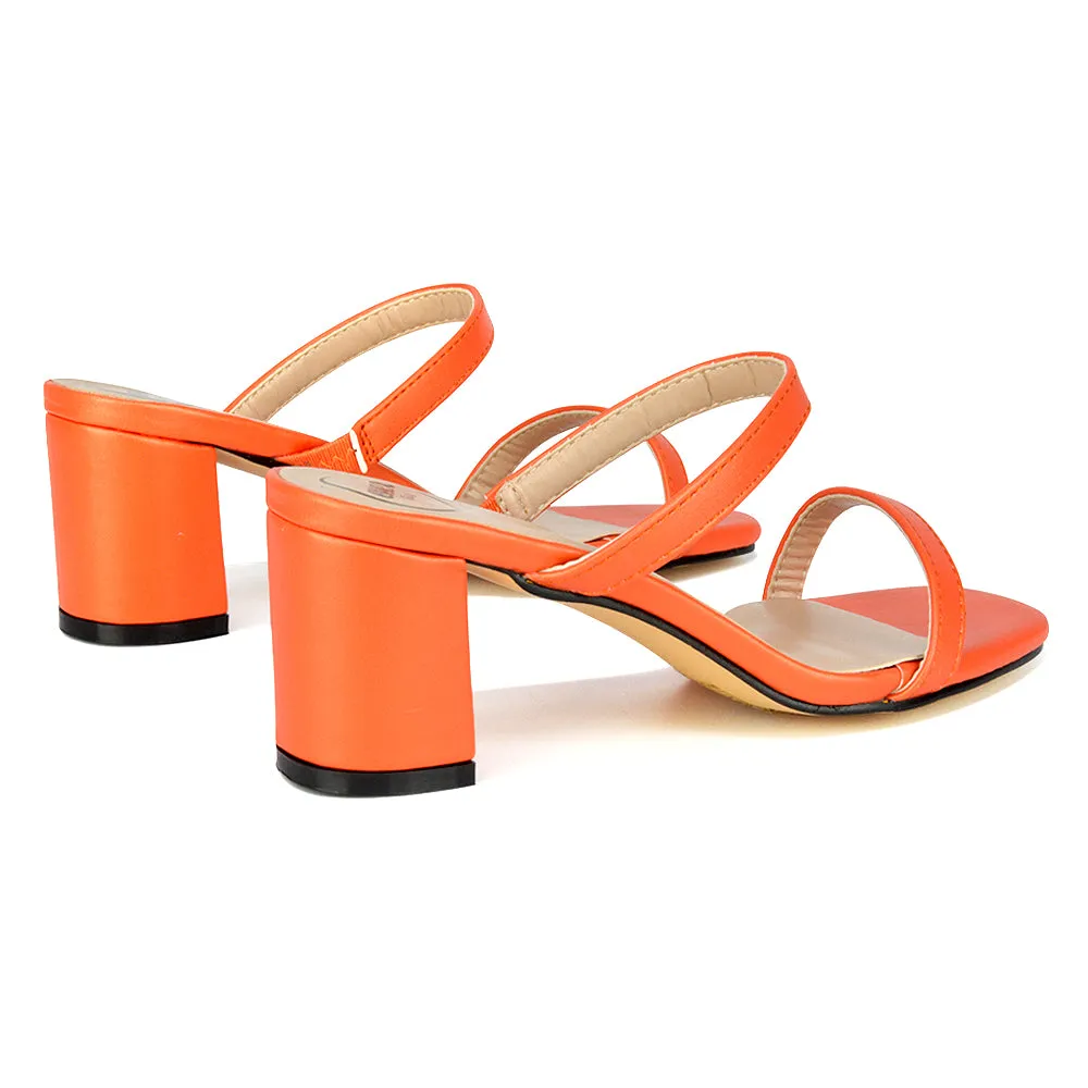 Tiff Double Strap Square Toe Slip On Low Mid Block High Heel Mule Sandals in Orange