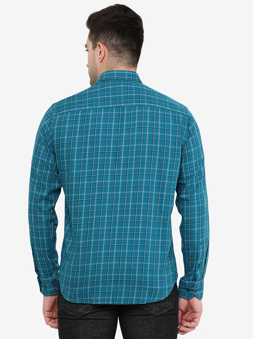 Turquoise Blue Checked Classic Fit Casual Shirt | Greenfibre