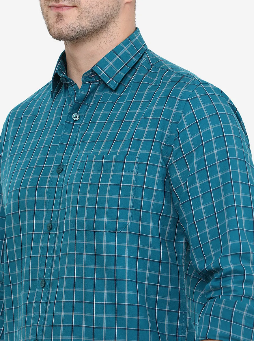 Turquoise Blue Checked Classic Fit Casual Shirt | Greenfibre