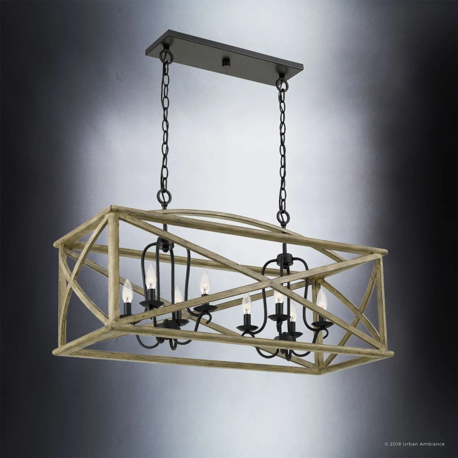 UQL3002 Farmhouse Chandelier, 19.5"H x 40.75"W, Wood Grain Metal with Antique Black Finish, Barnsley Collection