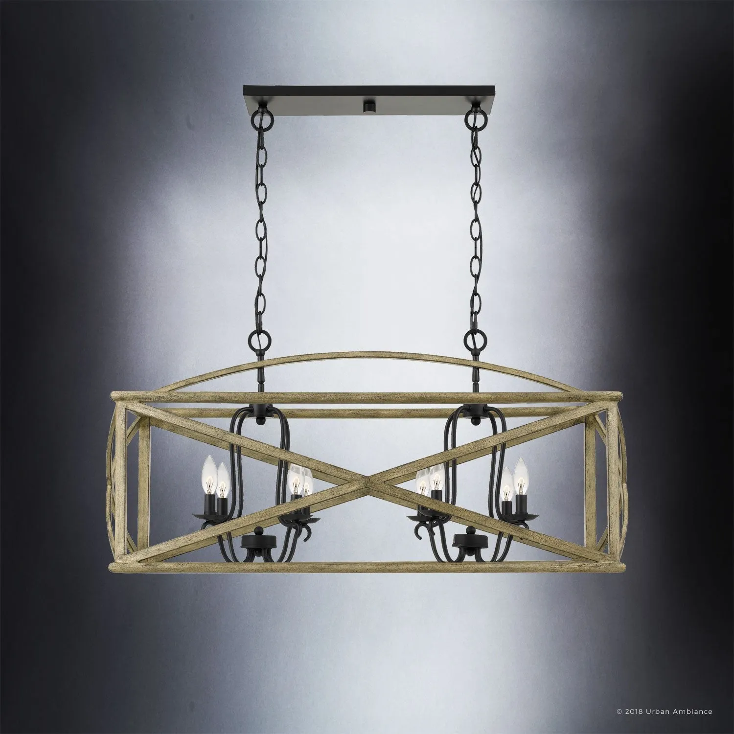 UQL3002 Farmhouse Chandelier, 19.5"H x 40.75"W, Wood Grain Metal with Antique Black Finish, Barnsley Collection