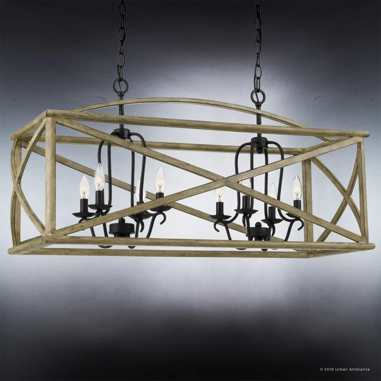 UQL3002 Farmhouse Chandelier, 19.5"H x 40.75"W, Wood Grain Metal with Antique Black Finish, Barnsley Collection