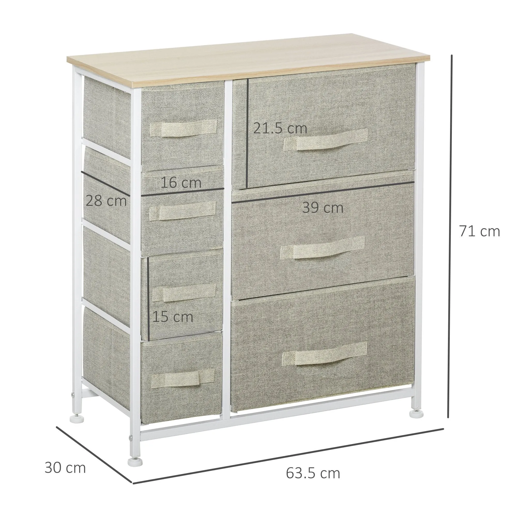 Vertical 7 Linen Drawers Cabinet with Metal Frame Adjustable Feet for Living Room, Bathroom, Kitchen - White, Oak and Light Grey