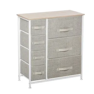 Vertical 7 Linen Drawers Cabinet with Metal Frame Adjustable Feet for Living Room, Bathroom, Kitchen - White, Oak and Light Grey