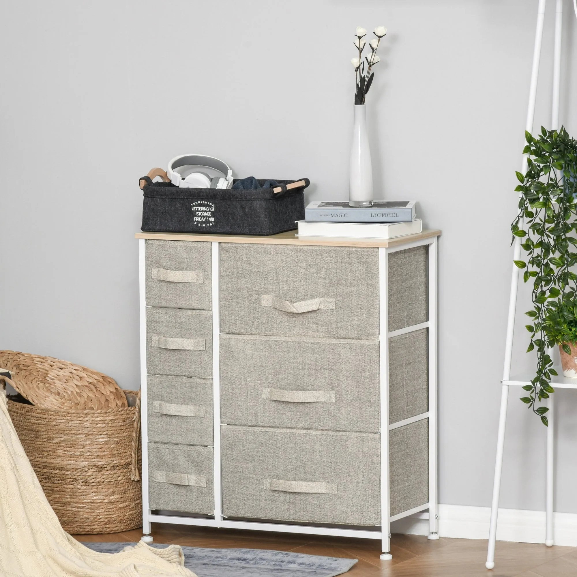 Vertical 7 Linen Drawers Cabinet with Metal Frame Adjustable Feet for Living Room, Bathroom, Kitchen - White, Oak and Light Grey