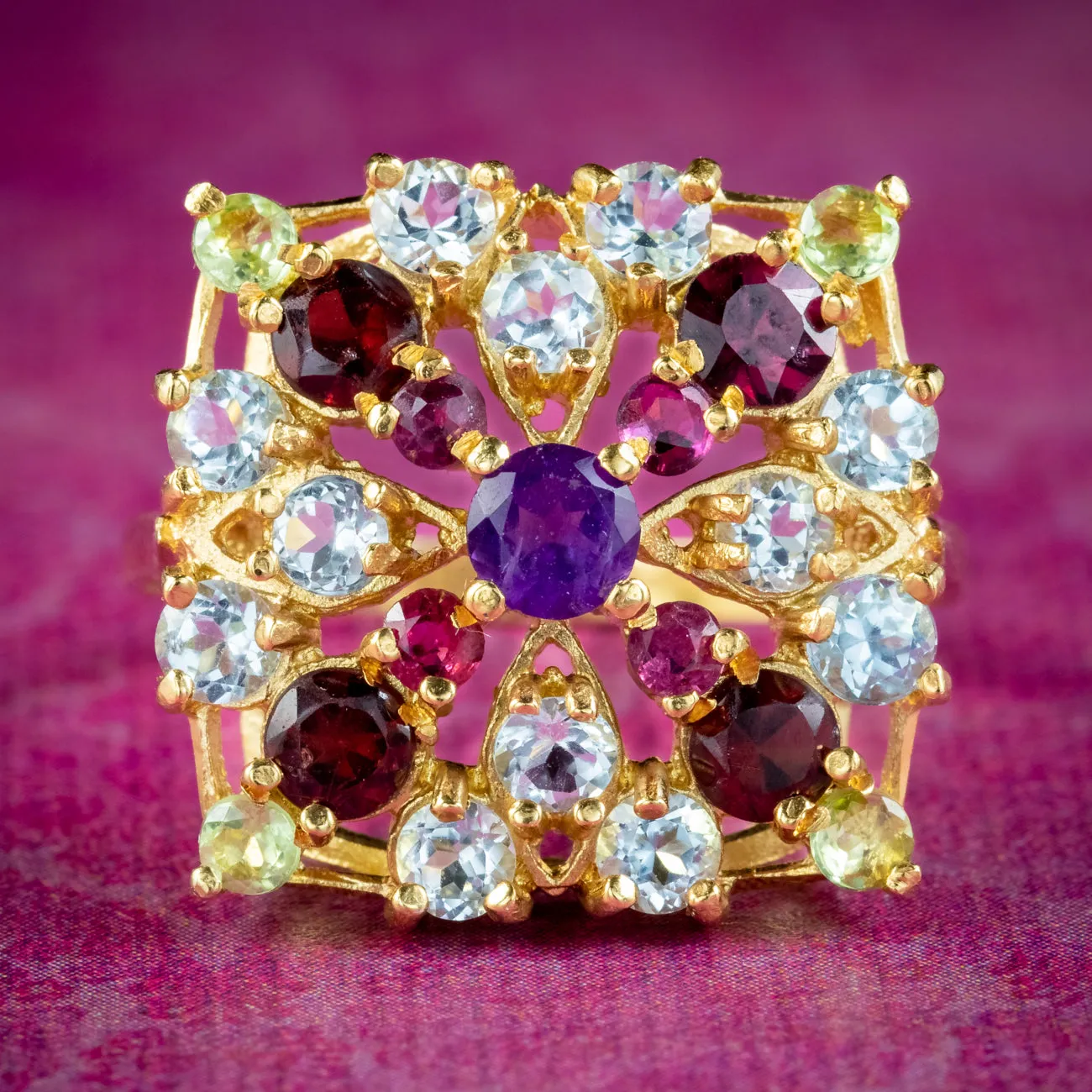 Victorian Style Multi Gemstone Harlequin Cluster Ring