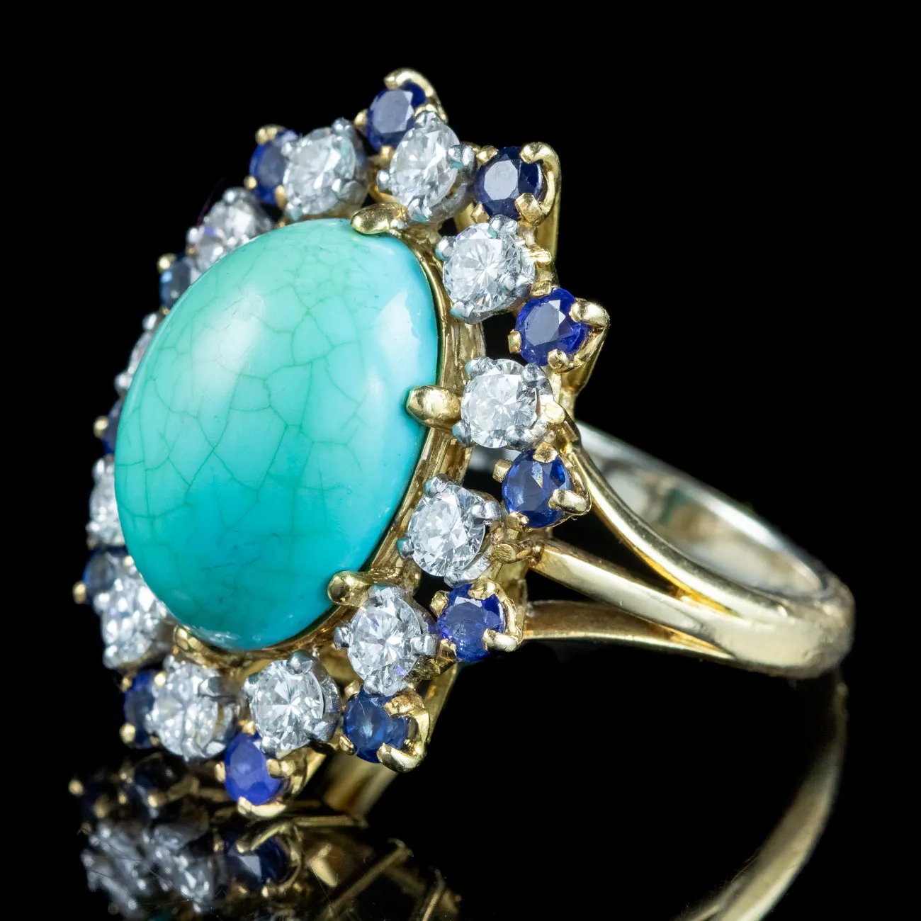 Vintage French Turquoise Sapphire Diamond Cocktail Ring 10ct Turquoise