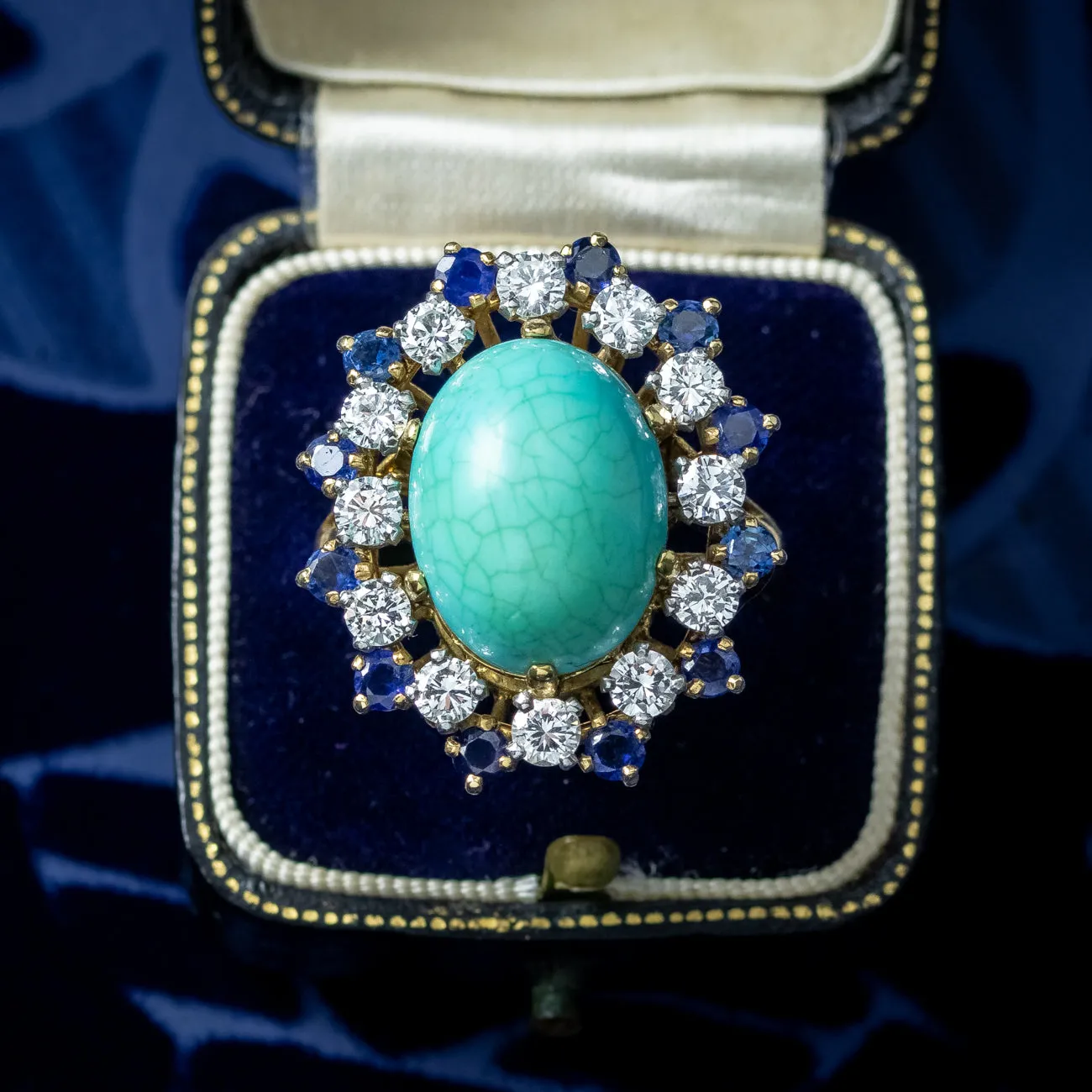 Vintage French Turquoise Sapphire Diamond Cocktail Ring 10ct Turquoise