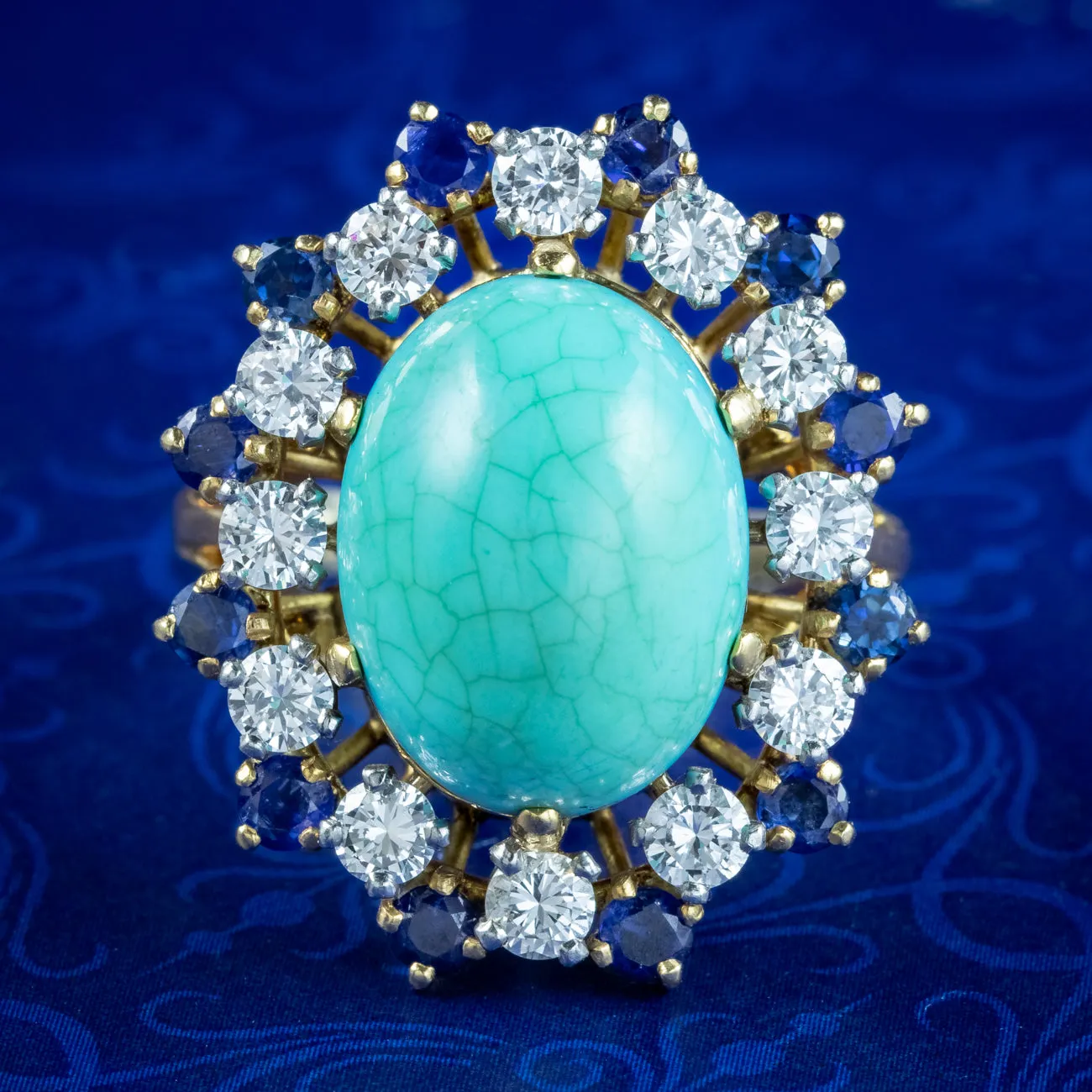 Vintage French Turquoise Sapphire Diamond Cocktail Ring 10ct Turquoise