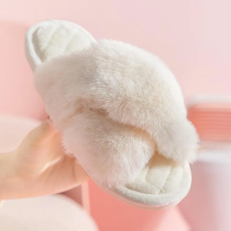 Women's Cross-Strap Furry Slippers - Cozy Winter House Shoes