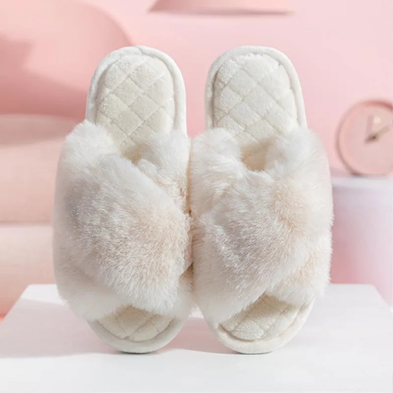 Women's Cross-Strap Furry Slippers - Cozy Winter House Shoes