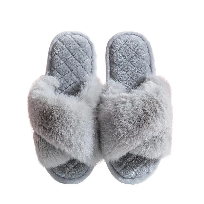 Women's Cross-Strap Furry Slippers - Cozy Winter House Shoes