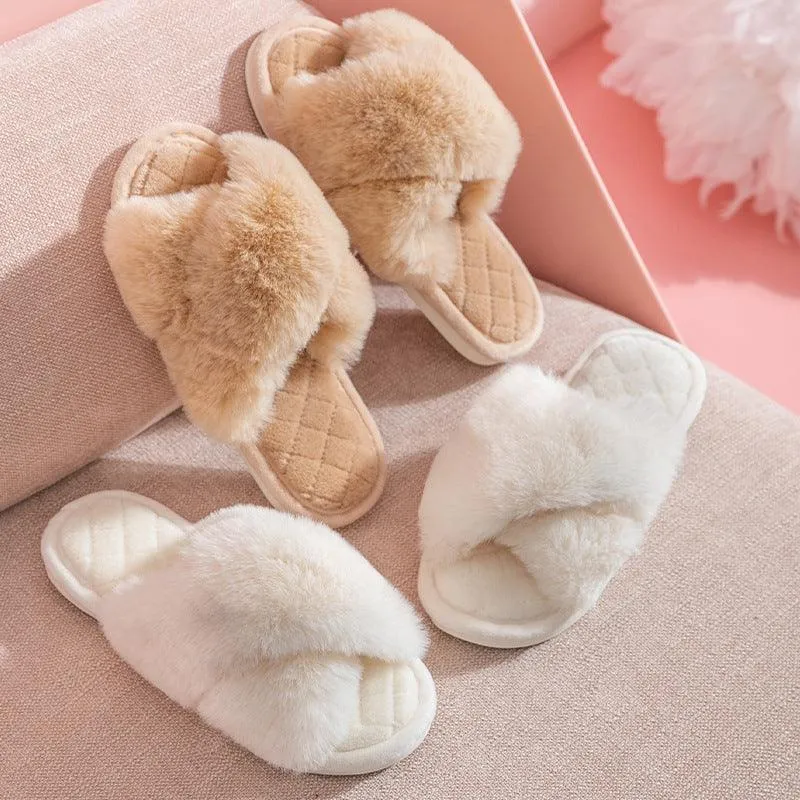 Women's Cross-Strap Furry Slippers - Cozy Winter House Shoes