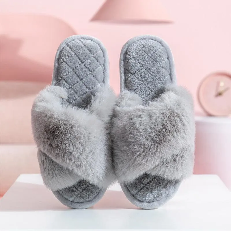 Women's Cross-Strap Furry Slippers - Cozy Winter House Shoes