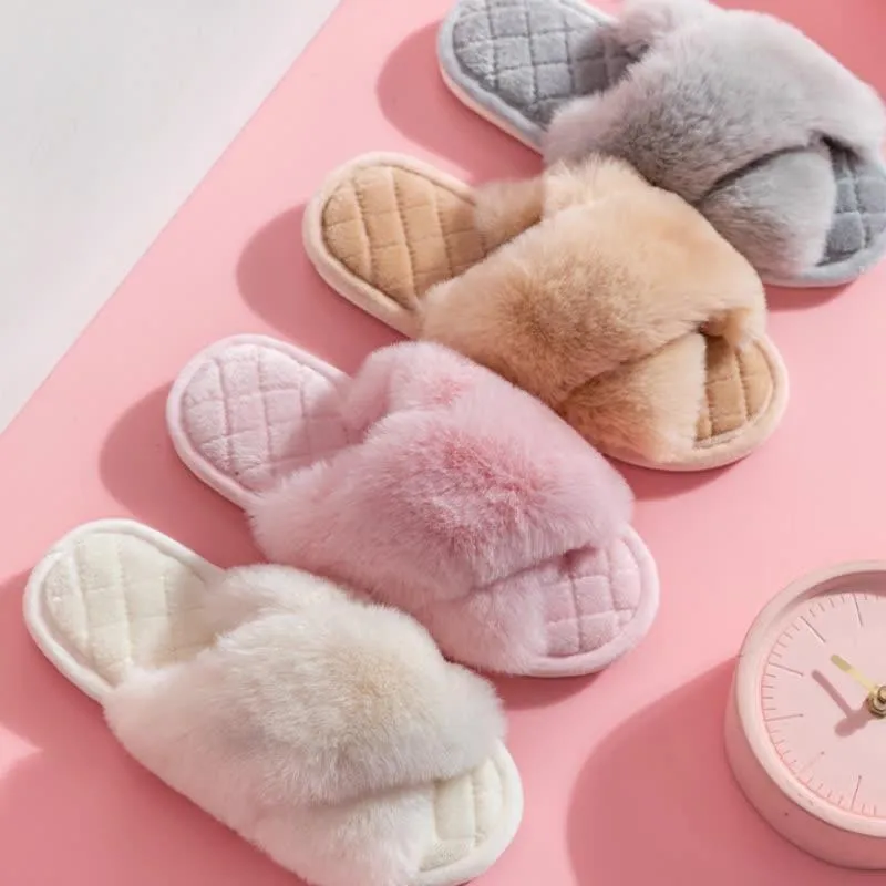 Women's Cross-Strap Furry Slippers - Cozy Winter House Shoes